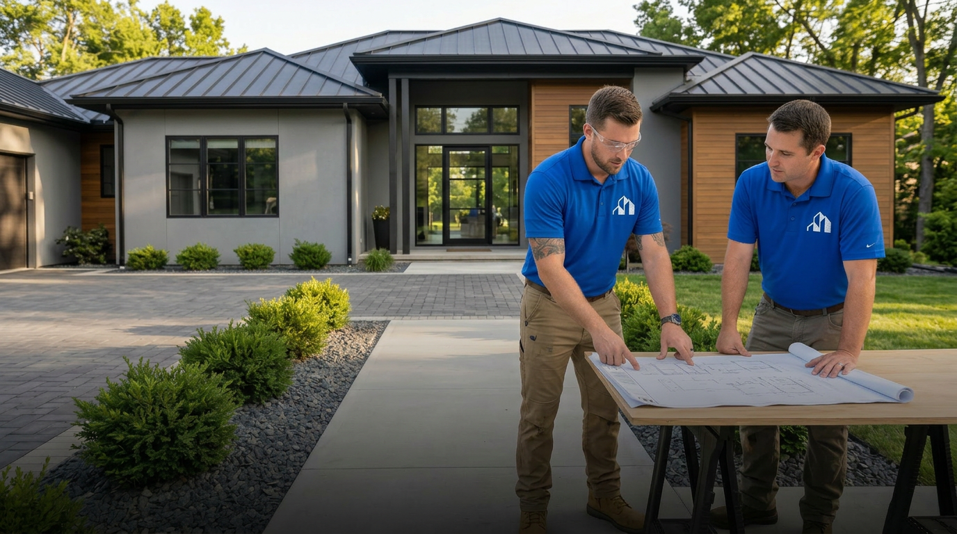 A Class Builders team reviewing blueprints in front of a modern South Florida custom home